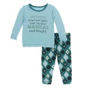 NEW KICKEE kids' bamboo print long sleeve pajama set in cedar vintage ornaments